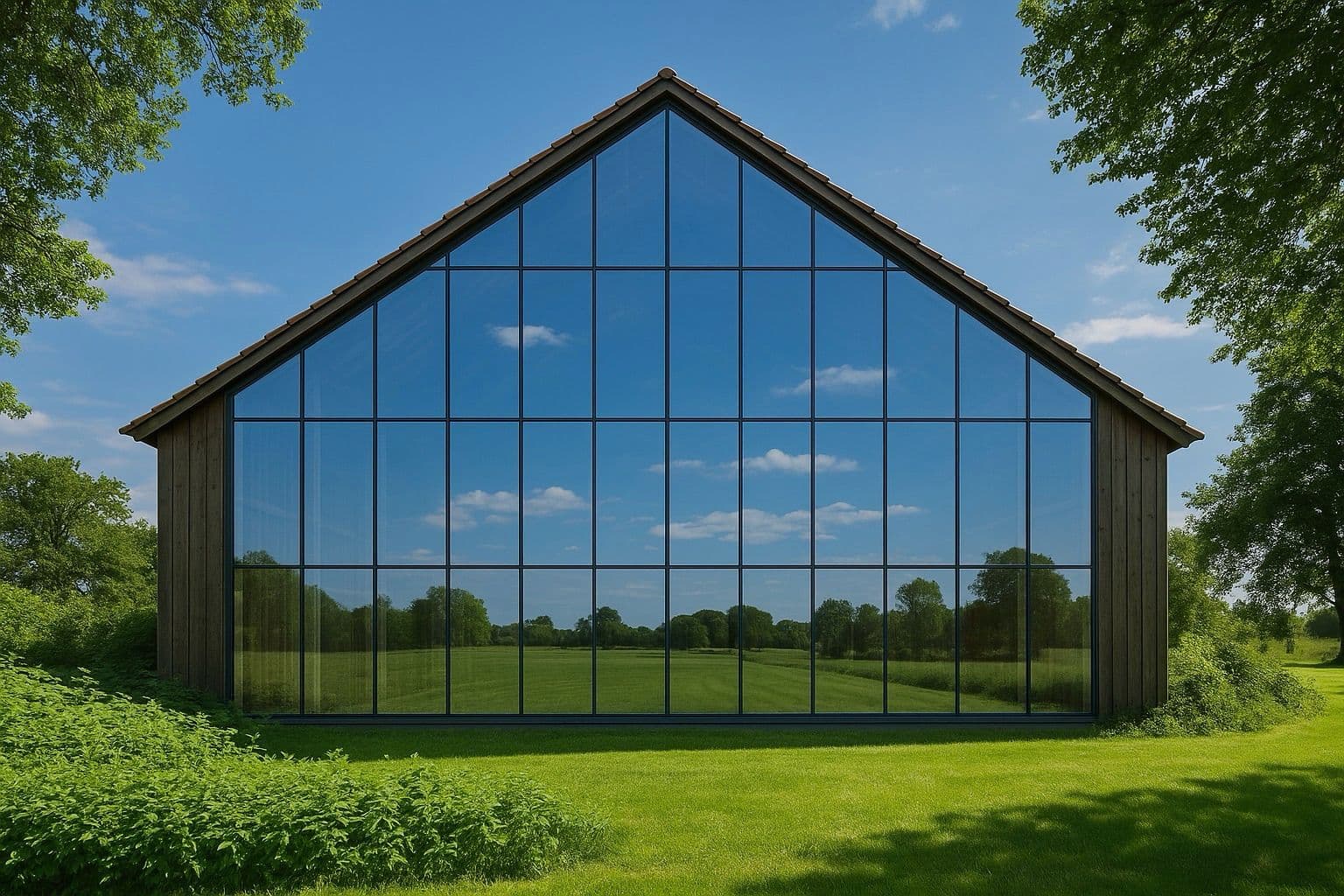 Architectural rendering of the future tasting cellar — a French oak barn reimagined in glass and timber.